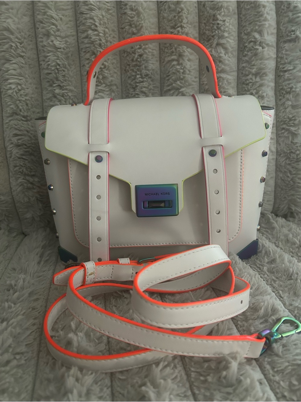 Michael Kors Manhattan Medium Optic White Neon Rainbow Leather Satchel